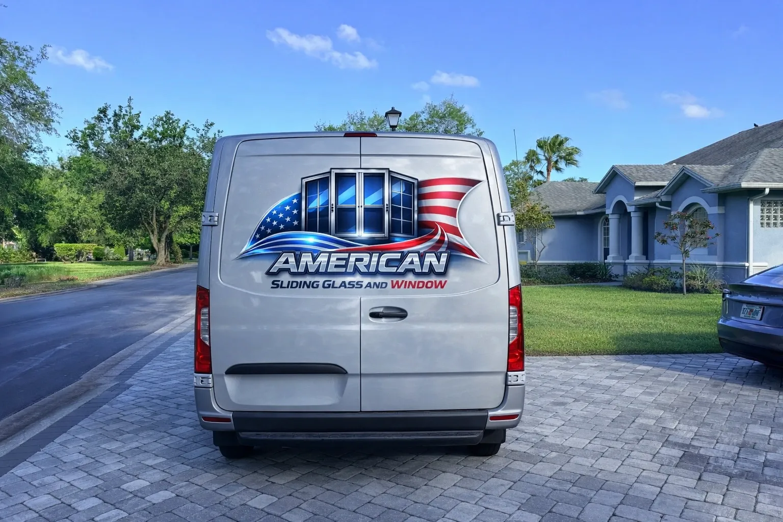 American Sliding Glass and Window service van parked in a Brevard County driveway